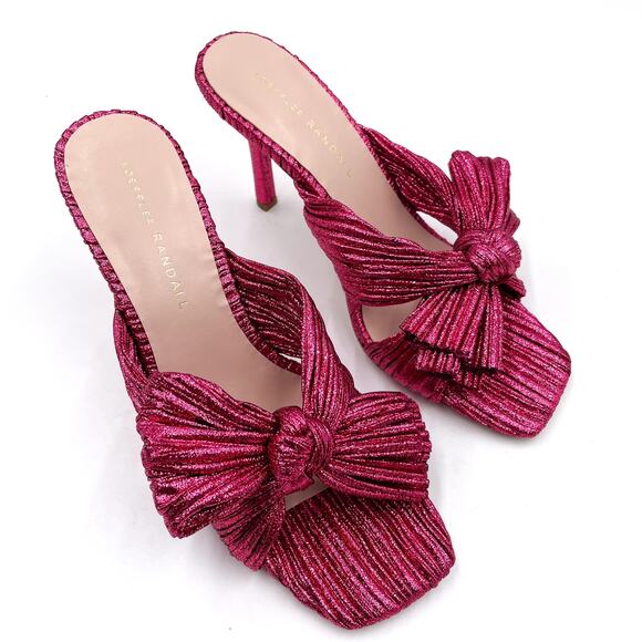 Loeffler Randall Claudia Mules Pleated Fuchsia Metallic Heels Bow Sandals Sz 7.5 - Picture 4 of 13